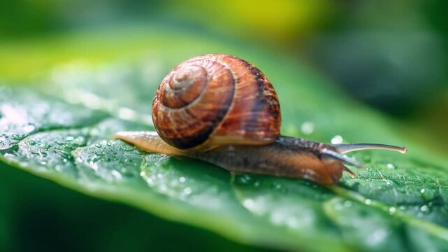 Close-up of a glossy brown snail with a spiral shell crawling on a glistening green leaf, dew light