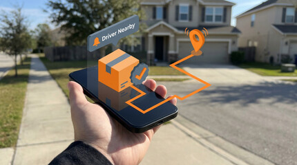 Package delivery tracking app on a smartphone screen with augmented reality elements.