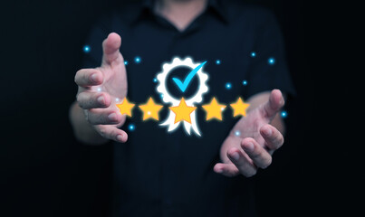 A person presenting a glowing certification badge with five stars, symbolizing premium quality, trust, excellence, verified standards, and strong customer satisfaction in a business context.