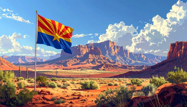Arizona Flag Waving Proudly in a Desert Landscape.