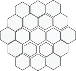 An arrangement of nineteen white hexagons with thick gray outlines forming a larger irregular cluster