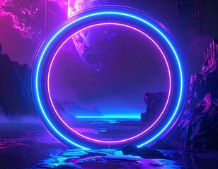Futuristic purple and blue landscape with a neon circle portal