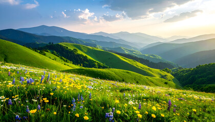 Green mountain hills with wildflowers in foreground, cheerful nature vibe