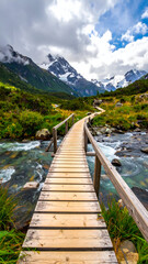 Mountain stream with wooden bridge above the water, relaxing exploration theme, vertical