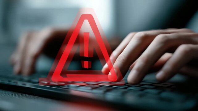 Hands typing on keyboard with red alert symbol overlay indicating digital danger and cyber risk