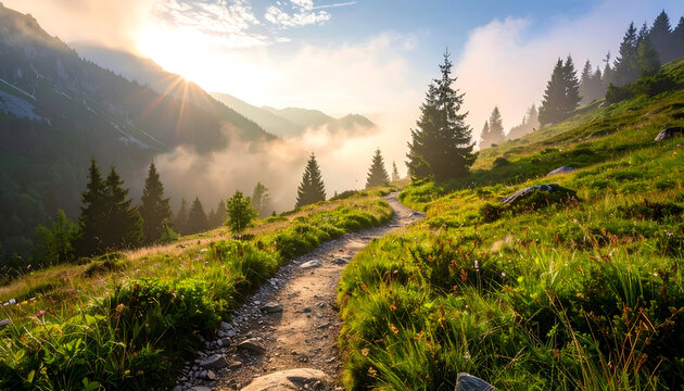 Misty mountain trail with soft morning light, peaceful hiking atmosphere - Powered by Adobe