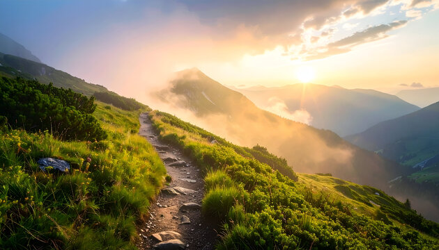 Misty mountain trail with soft morning light, peaceful hiking atmosphere