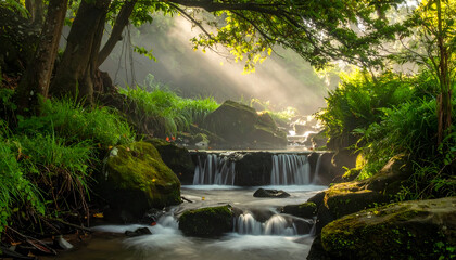Small waterfall feeding into a quiet stream, soft mist, peaceful holiday atmosphere