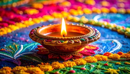 A close-up view of a lit oil lamp sitting atop vibrant colored powders. The lamp glows against the festive backdrop of the celebration