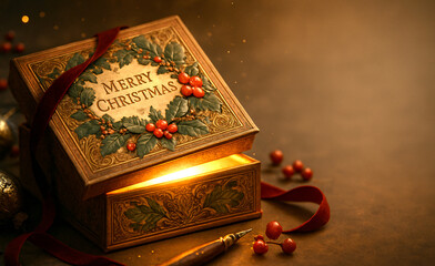 Vintage Merry Christmas Gift Box with Warm Glowing Light, Generative AI
