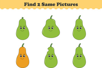 Funny cartoon fruits. Find two same pictures. Educational game for children. Cartoon vector illustration