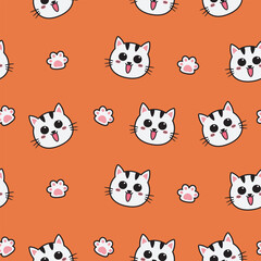 Flat cartoon seamless pattern of cute cat paws and cat faces on red background