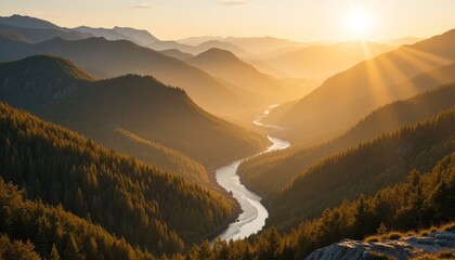 Golden sunlight sweeping across vast mountain valleys, illuminating winding rivers and distant forests under a tranquil sky