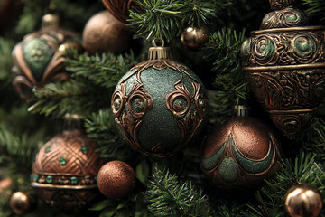 Elegant Christmas tree ornaments glimmering with intricate bronze details, creating a festive and luxurious seasonal atmosphere for holiday cheer
