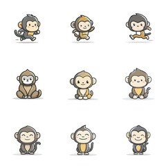 Set Cute Kawaii Gibbon Wild Animal