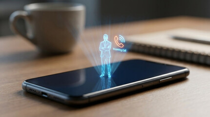 Smartphone displaying a holographic call notification on a wooden table.