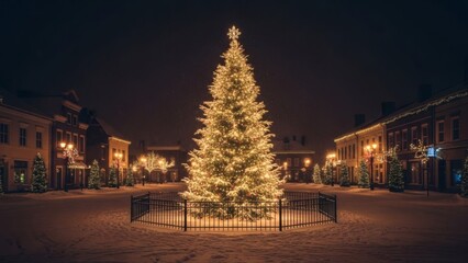 A magical winter evening featuring a glowing Christmas tree decorated with festive lights in a charming, snow-covered town square