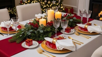 Festive Holiday Table Setting with Candles and Decorations