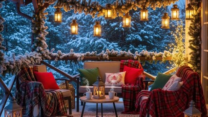 Inviting winter retreat on a rustic wooden porch adorned with Christmas garlands, plaid throws, and soft lantern light amid a snowy forest