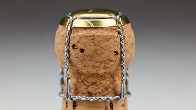 Detailed macro shot of a champagne cork with wire cage and golden foil