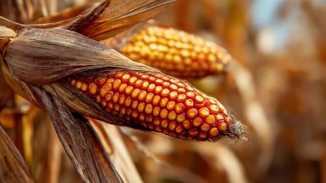 Close-up of ripe corn ears with dry husks, bright orange kernels, sunlit rustic field scene today!!