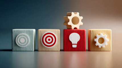 Obraz premium Stacked Wooden Blocks with Icons of a Target, Light Bulb, and Gear on Gradient Background