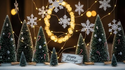 Festive Holiday Scene with Decorated Christmas Trees, Snowflakes, and Happy Holidays Sign