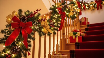 Staircase Christmas Decoration Red Bows and Holiday Cheer