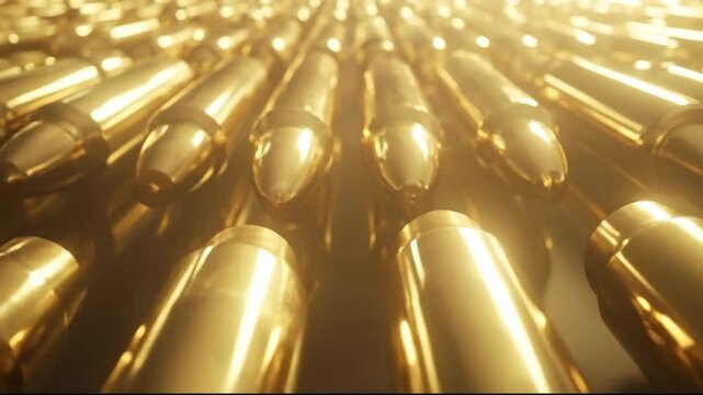 Rows of shiny golden bullets, close up. Ammunition concept, war industry.