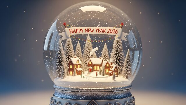 Snow globe with winter village scene and happy new year banner