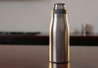 Elegant metallic bottle on wood surface offers hydration and sophistication