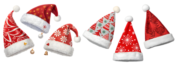 Collection of patterned santa claus hats floating on a light cutout png transparent background