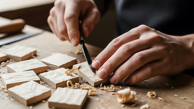 Intricate wood carving process, artistic hands using a sharp wood carving tool