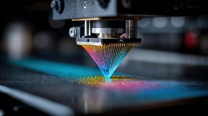 Close-up of a 3D printer head creating colorful patterns.
