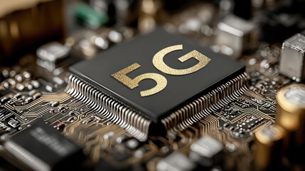 Close-up of a 5G microchip on a circuit board, symbolizing advanced wireless technology and connectivity.