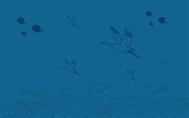 Naklejka premium Simple Chinese Japanese Style Crane blue Background