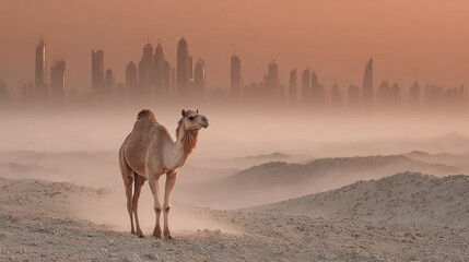 Camel in the desert with a city skyline in the background at sunrise.