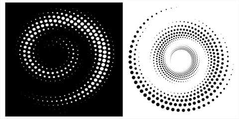Modern abstract background. Halftone dots in circle form. Spiral logo, icon or design element. Black dots on a white background and white dots on the black side.