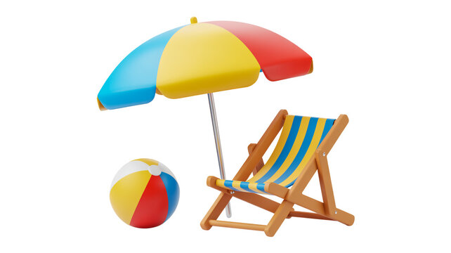 A 3D illustration of beach leisure items against a white background. - Powered by Adobe