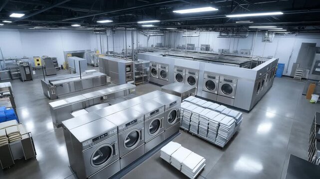 An impeccably clean and organized professional industrial laundry facility. In the foreground, a stack of perfectly folded, on a stainless steel work table