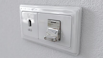 Close up of a white electrical light switch and socket on a textured wall.