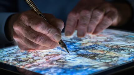 Close up of hands drawing on a glowing map with a pen.