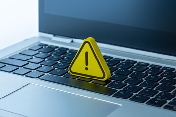 A yellow warning sign with an exclamation mark placed on a laptop. Cybersecurity, computer error, system alert, online danger concept.