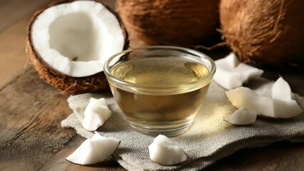 Top view of coconut oil in a small glass bowl on a linen cloth Surrounded by raw coconut cut in pieces on wooden table