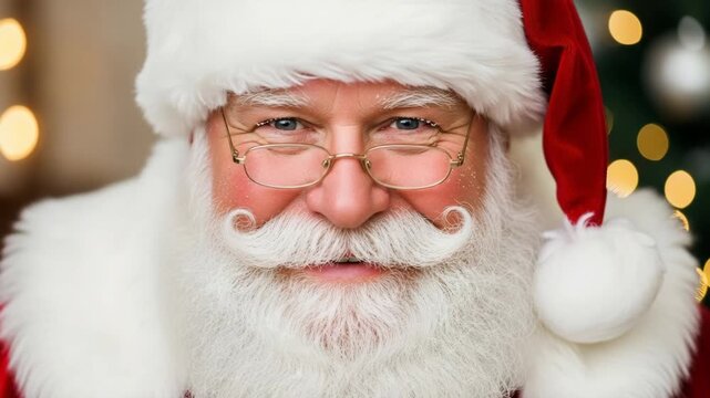 Santa Claus smiling with glasses and festive decorations in background  