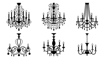 A black and white illustration of six elegant chandeliers arranged in two rows of three