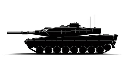 Naklejka premium A black and white silhouette illustration of a modern military tank against a white backgrou