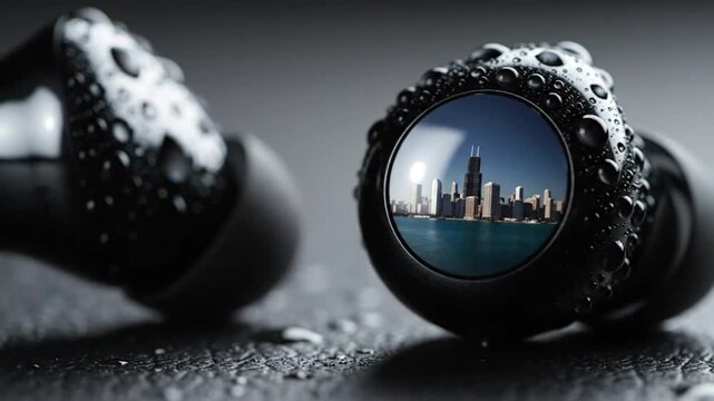 Sleek black waterproof wireless earbuds with a stunning city skyline reflection, symbolizing an immersive urban soundscape for an active lifestyle