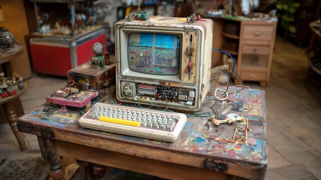 An old school computer with integrated monitor created from upcycled materials like metal scraps, plastic parts, broken toys, and wires on wooden table