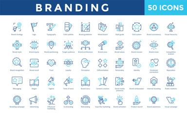 Branding icons set with brand strategy, typography, color palette, brand guidelines, Brand awareness
Visual campaign icon. Simple outline color vector 
